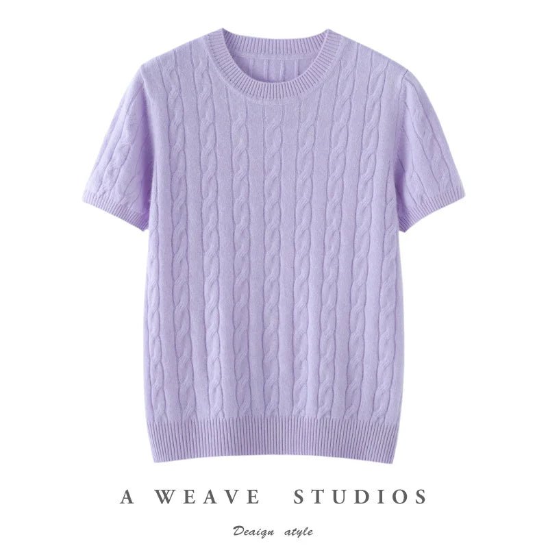 100% Pure Cashmere Fried Dough Twists Round Neck Solid Short Sleeve Women's High Quality Luxury Pullover Sweater Spring Autumn