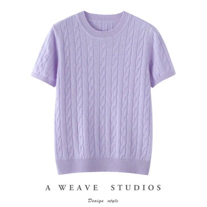 100% Pure Cashmere Fried Dough Twists Round Neck Solid Short Sleeve Women's High Quality Luxury Pullover Sweater Spring Autumn