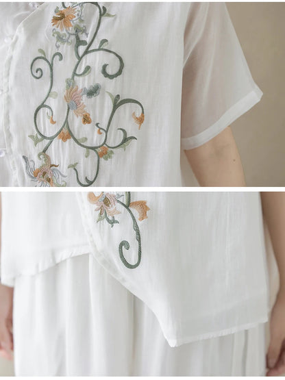 New National Style Heavy Embroidery  Set Women Summer Loose plus Size Fringed Wide Leg Pants Skirt Slimming Two Piece Set