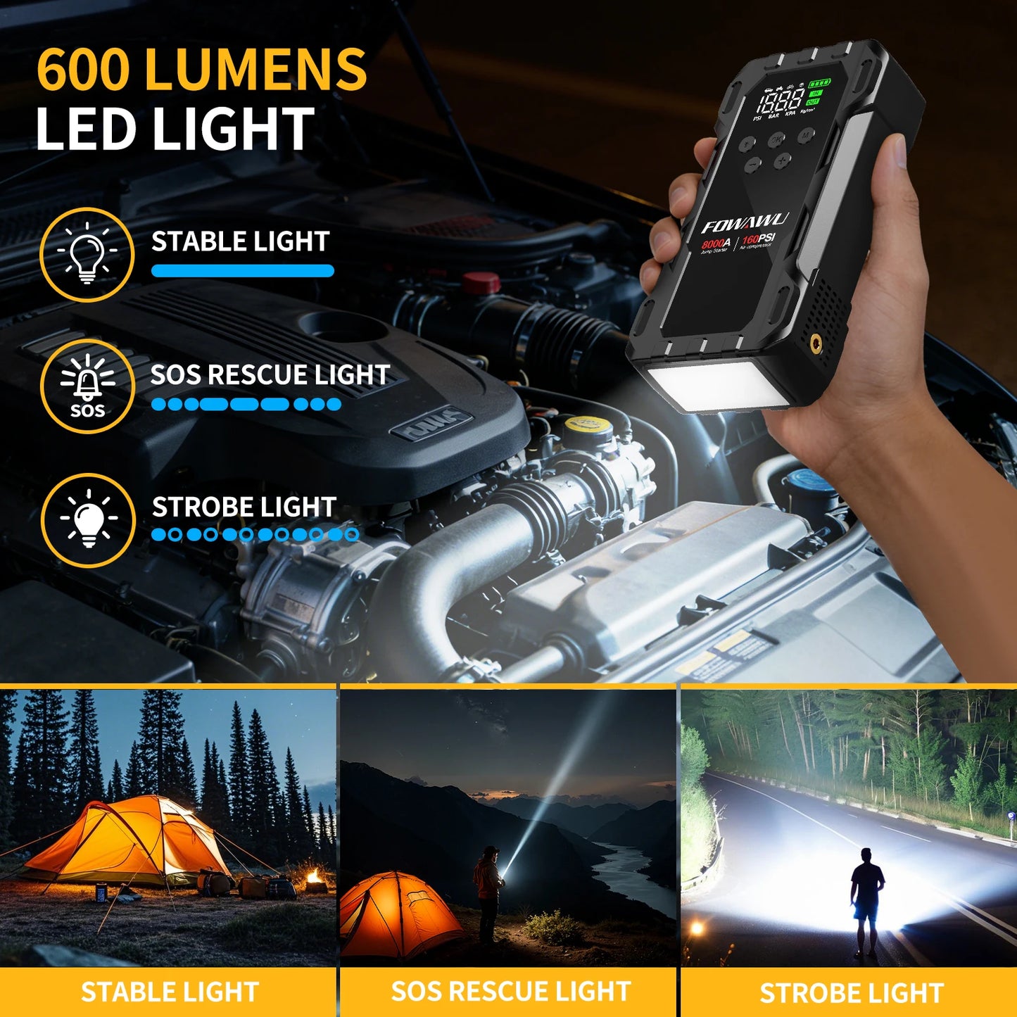 FOWAWU 8000A Jump Starter with Air Compressor, Car Battery Jumper Starter Power Bank,Cordless Auto-Shutoff Tire Inflator 160PSI