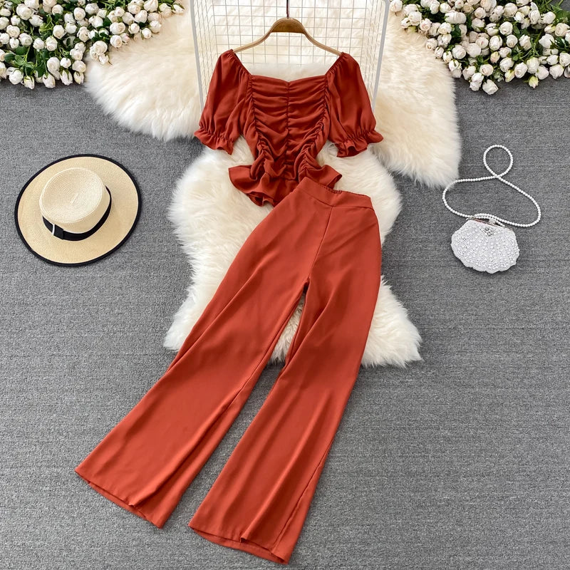 Faionable Casual Women's Set High Waist Wide Leg Pants Long Pants Two Piece Square Collar Slim Fit irt Spring