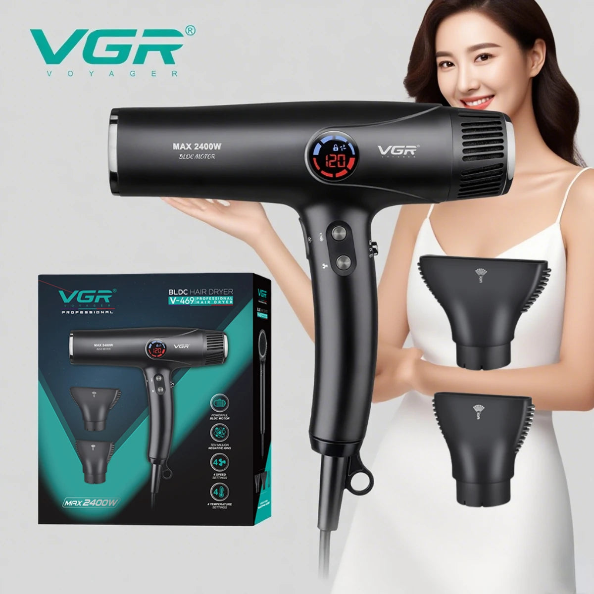 VGR Hair Dryer Professional Hair Dryer Machine Negative Ion Air Blower BLDC Motor 110000 RPM Hair Salon for Household Use V-469