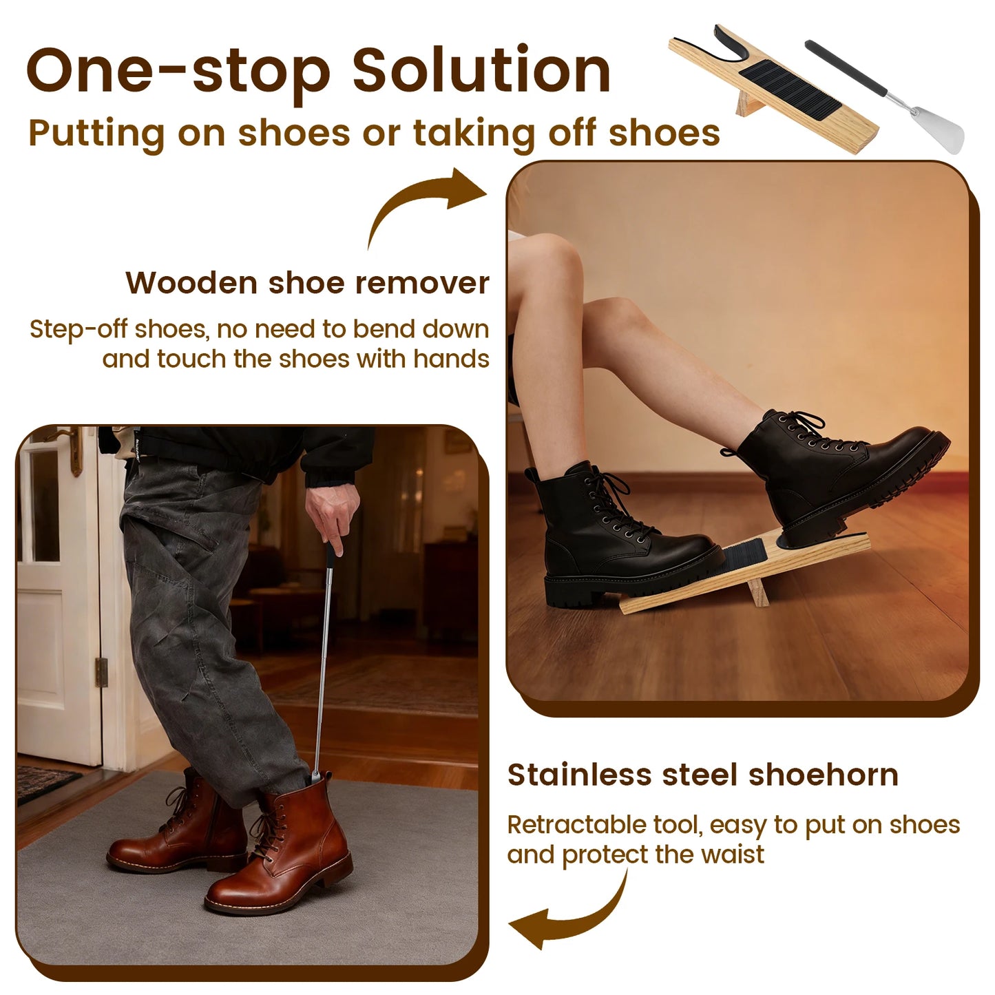 2Pcs Wooden Boot Jack and Retractable Shoe Horn Set Wellington Boot Remover with Mud Scraper Muddy Shoe Remover for Leather Boot