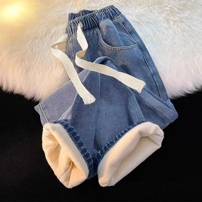 Thickened Fleece Straight Leg Jeans Women Winter New Small Size Wide Leg Cotton Elastic Waist Autumn Winter Pants