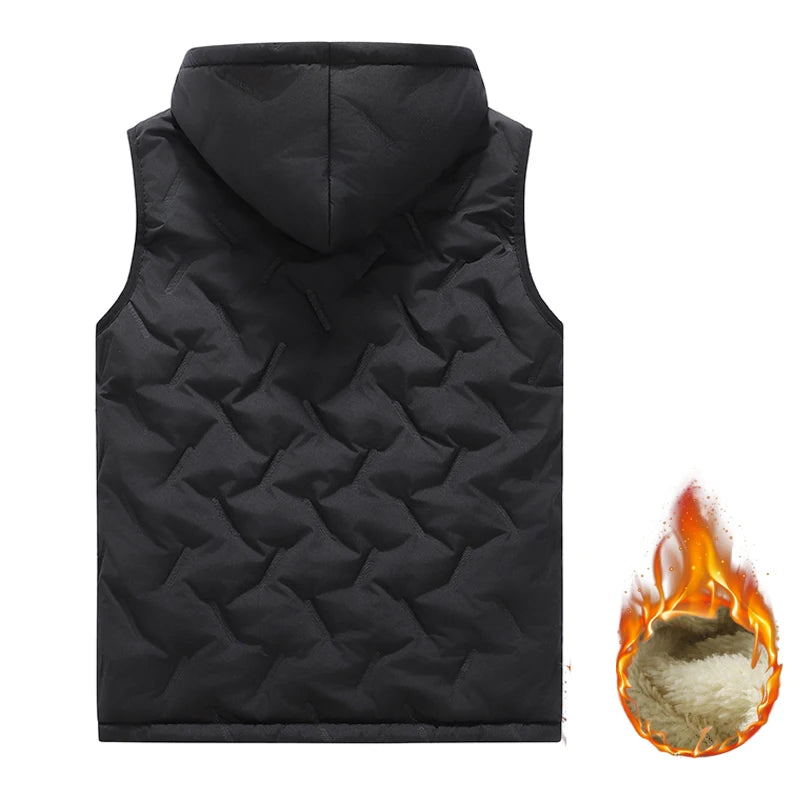EU Size Men's Hooded Vest Thermal Padded Winter Jacket Fleece Lined Waistcoat Autumn Warm Quilted Jacket Black Grey Puffer Vest