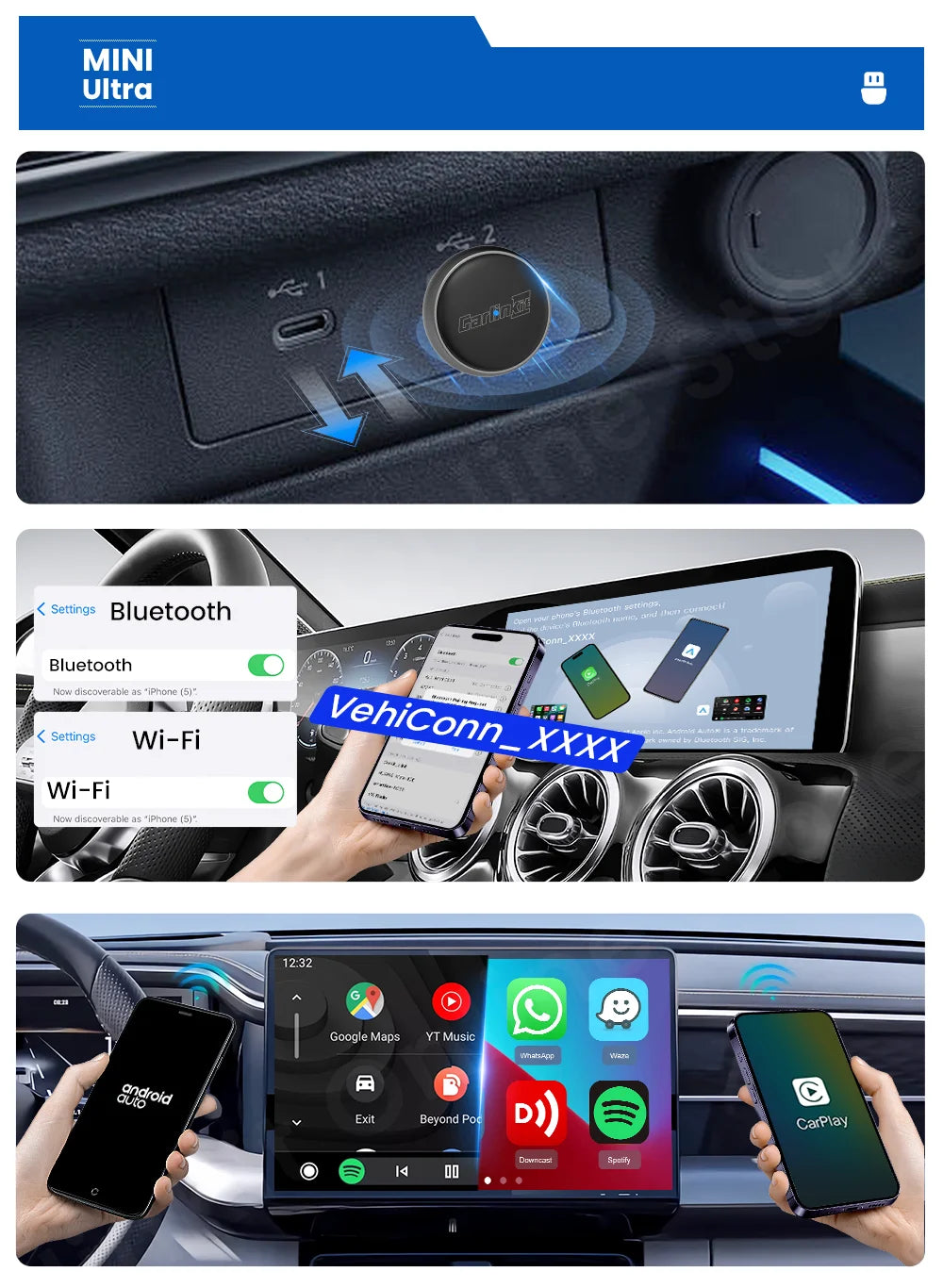 2025 CarlinKit Mini Ultra 3 CarPlay Android auto Wireless Adapter for Car infotainment Upgrade BT 5.4GHz Wifi 5.8GHz OTA Upgrade