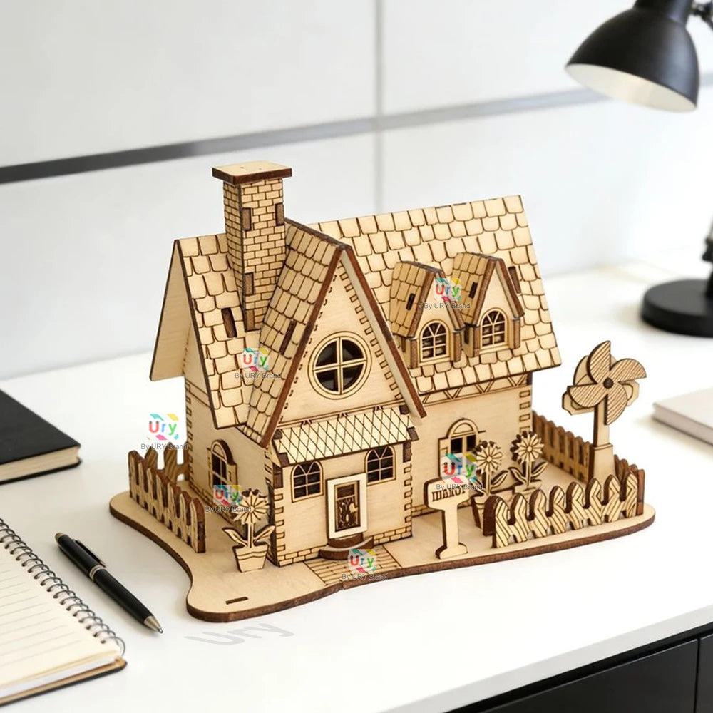 Ury 3D Wooden Puzzle Rural Cabin City Two-story Villa Handmade Assembly House Model DIY Toy Decoration Christmas Gift