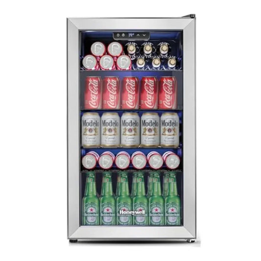 Beverage Refrigerator and Cooler, Mini Fridge with Glass Door for Soda Beer or Wine in Office or Bar Use, Stainless Steel, Blac