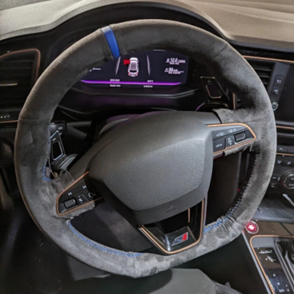Anti-Slip Black Suede Braid Car Steering Wheel Cover Wrap For Seat Leon Cupra R Leon ST Cupra Leon ST Cupra Ateca Cupra Ateca FR