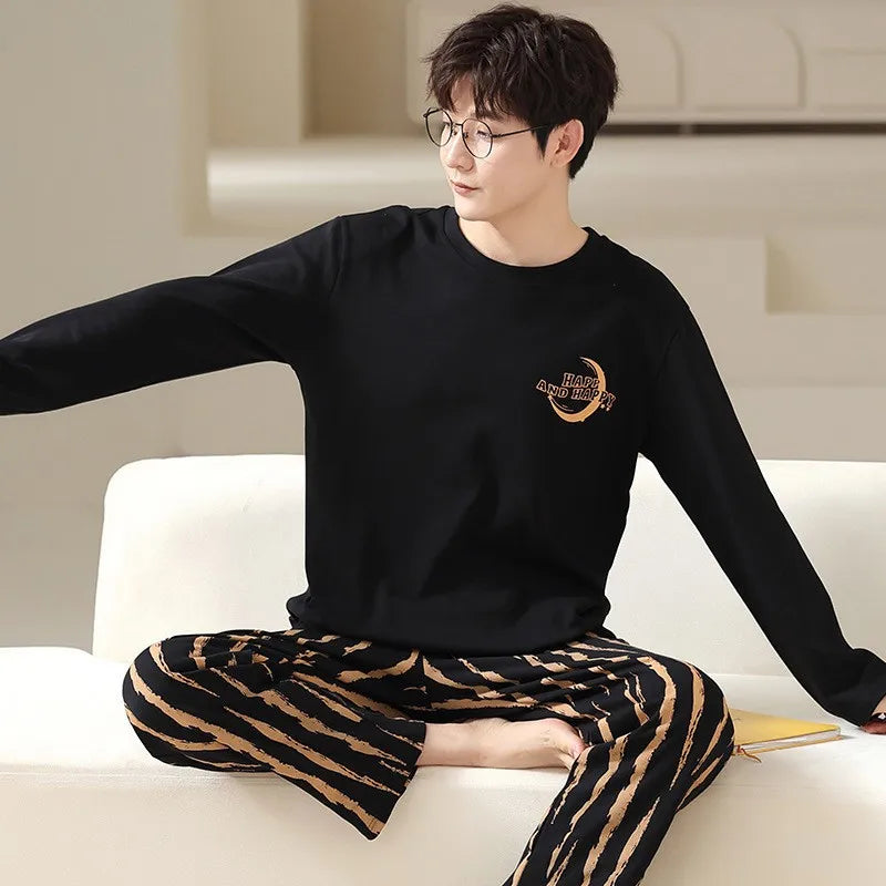 Men‘s Pajama Set Long Sleeve Black Striped Fall and Winter Youth Student Nightwear Loungewear Two Piece Set Sleepwear Homewear