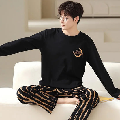 Men‘s Pajama Set Long Sleeve Black Striped Fall and Winter Youth Student Nightwear Loungewear Two Piece Set Sleepwear Homewear