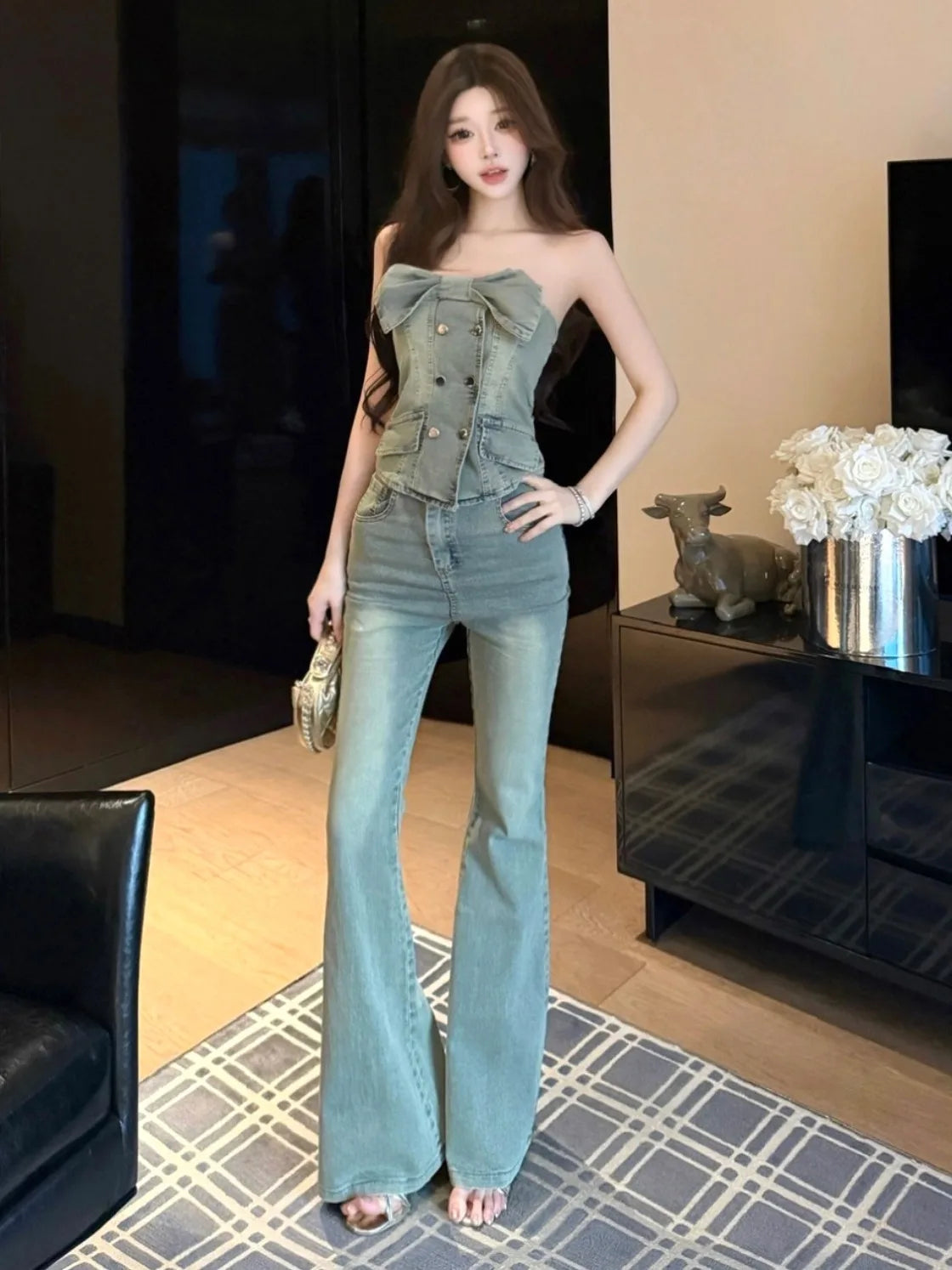 Sexy Slimming Bell Bottoms Two Piece Set with Strapless Denim Vest And  Knot Top for Young Women Spring Fashion