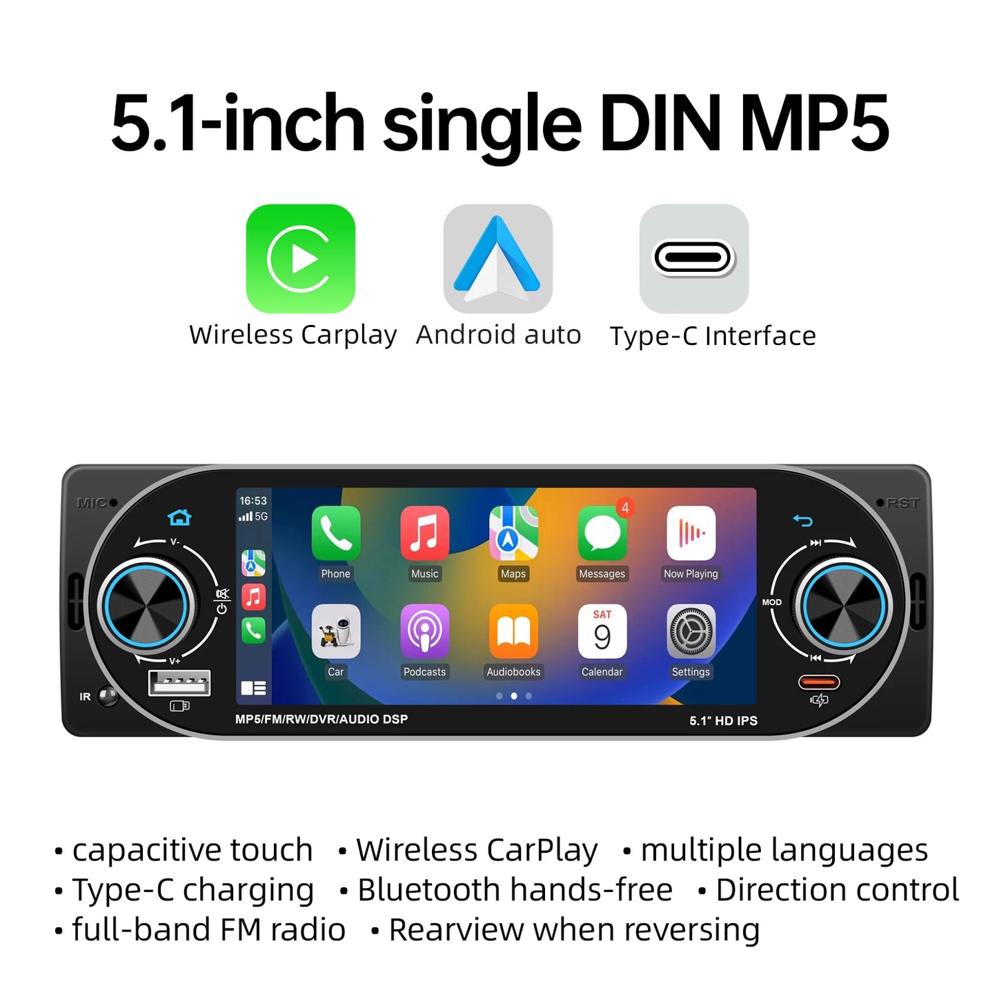 5.1Inch 1Din Car Radio MP5 IPS HD Player Support Wireless Carplay Android Auto Bluetooth FM AM RDS Stereo USB WIFI Video Player