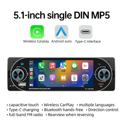5.1Inch 1Din Car Radio MP5 IPS HD Player Support Wireless Carplay Android Auto Bluetooth FM AM RDS Stereo USB WIFI Video Player