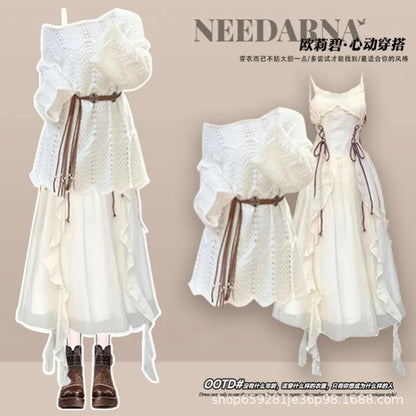 Spring and Autumn Fashion Casual Knitted Top+Bohemian White Dress Elegant Women's Two Piece Set