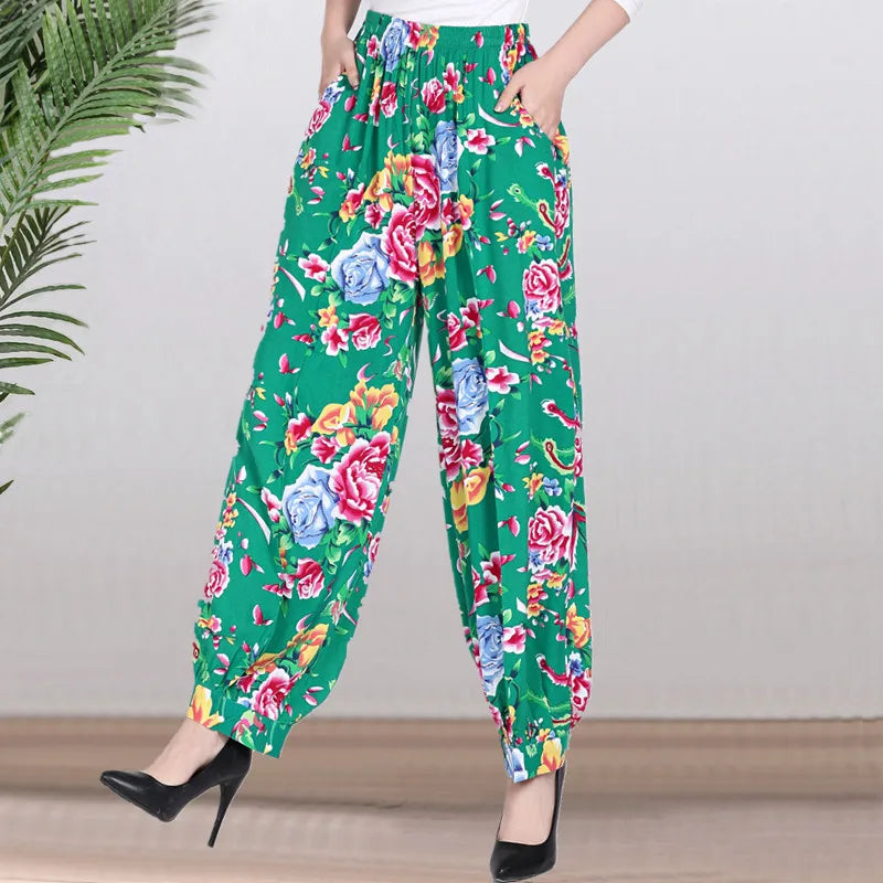 High Waist Lantern Pants Casual Cotton Silk Large Size Printed Long Trousers for Middle-Aged And Elderly Women