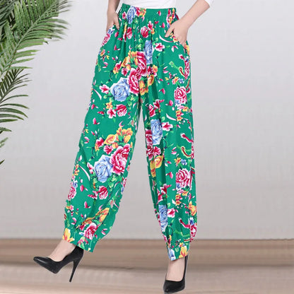 High Waist Lantern Pants Casual Cotton Silk Large Size Printed Long Trousers for Middle-Aged And Elderly Women