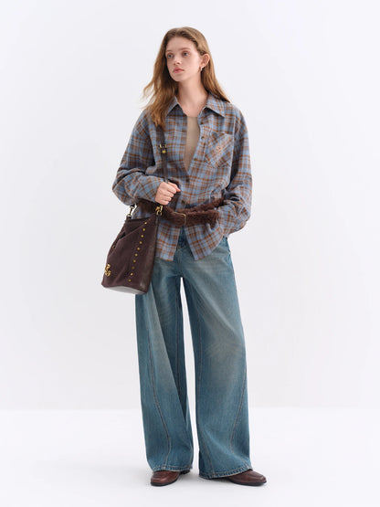 FSLE Brushed Plaid Shirt Women's Winter 2025 New Long Sleeve Plaid Retro Embroidery Shirt Classic Leisure Loose Tops