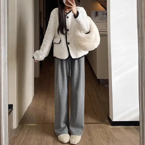Ultra-Thick Lamb Velvet Fleece Lined Loose Cotton Pants Women's Autumn Winter Casual Sports Small Size Wide Leg Thermal Pants
