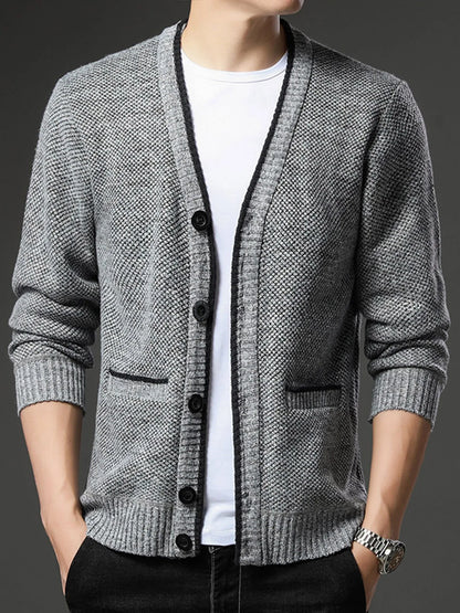 Men's Fleece Lined Knit Cardigan, V-Neck Button Sweater Jacket, Warm Casual Business Knitwear Coat for Autumn Winter