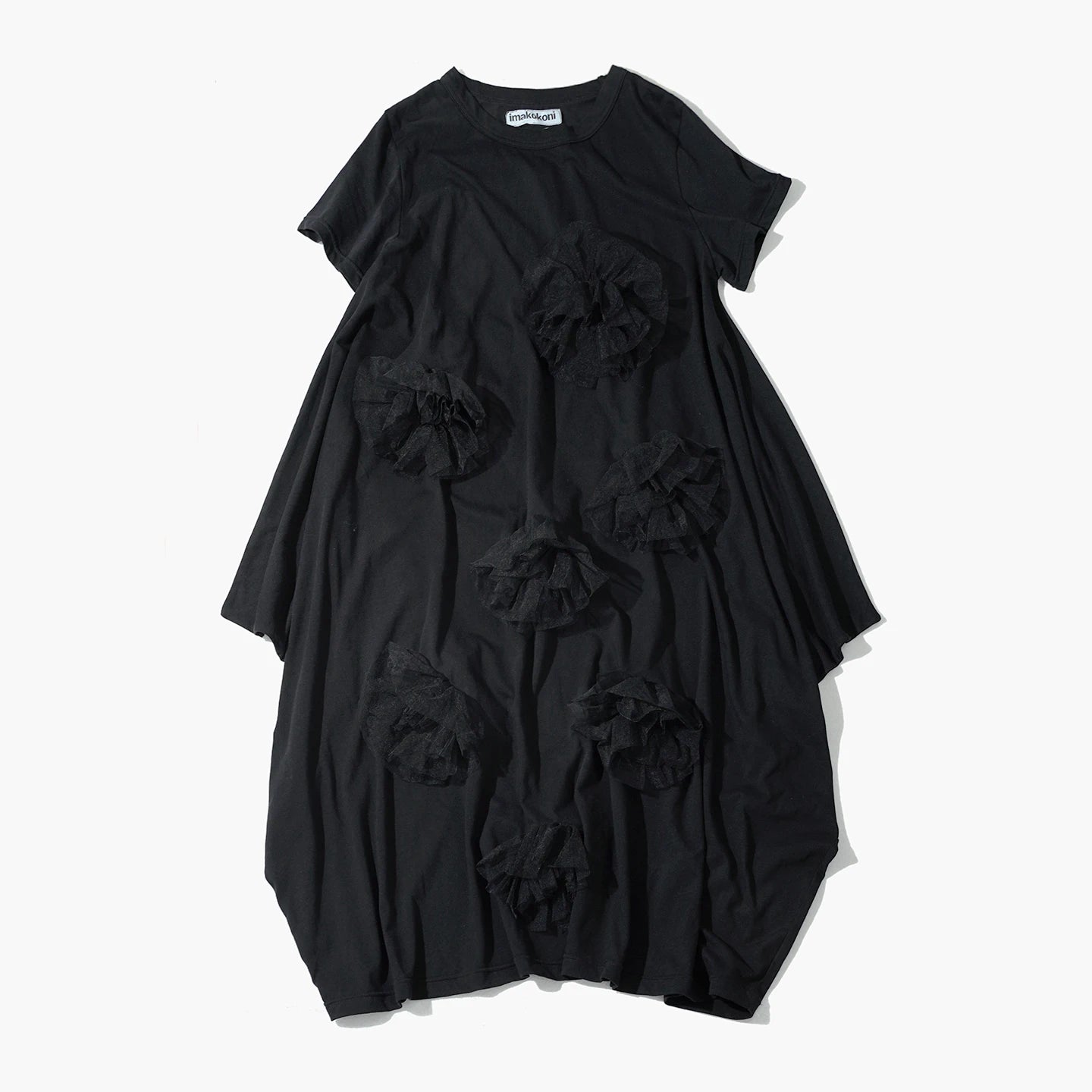 Black dress imakokoni spring loose irregular pure cotton flower design medium long short sleeved skirt for women 265432