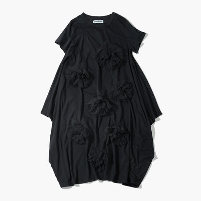 Black dress imakokoni spring loose irregular pure cotton flower design medium long short sleeved skirt for women 265432