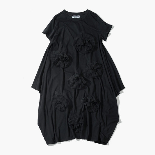 Black dress imakokoni spring loose irregular pure cotton flower design medium long short sleeved skirt for women 265432