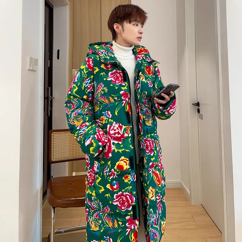 Thickened Long over Knee Hooded Fleece Lined Northeast Big Flower Coat Men's Cotton Jacket Youth Fashion Sport Scene Casual Coat