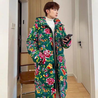 Thickened Long over Knee Hooded Fleece Lined Northeast Big Flower Coat Men's Cotton Jacket Youth Fashion Sport Scene Casual Coat