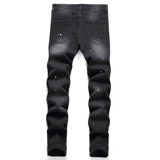 Men's Y2K Fashion Ripped Patchwork Hole Straight Black Jeans Slim Fit Stretchy Skinny Denim Pants Casual Hip Hop Brand Trousers