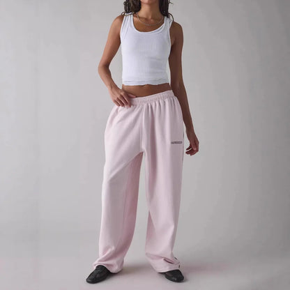 Loose Comfortable Straight Leg Pants Elastic Waist Casual Trousers Mid-Low Waist PVC Fabric Ladies Spring Season Fashion