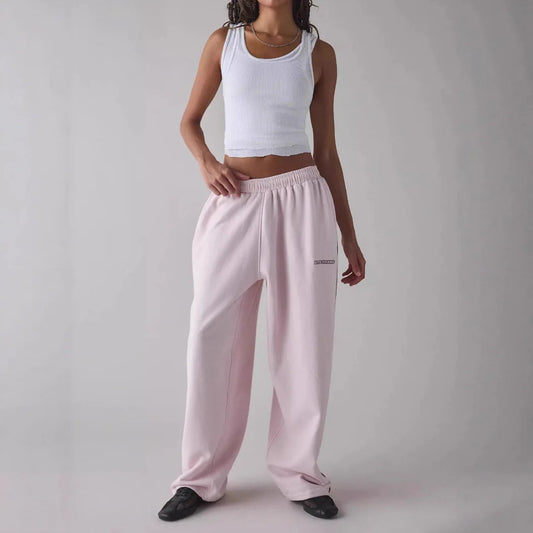 Loose Comfortable Straight Leg Pants Elastic Waist Casual Trousers Mid-Low Waist PVC Fabric Ladies Spring Season Fashion