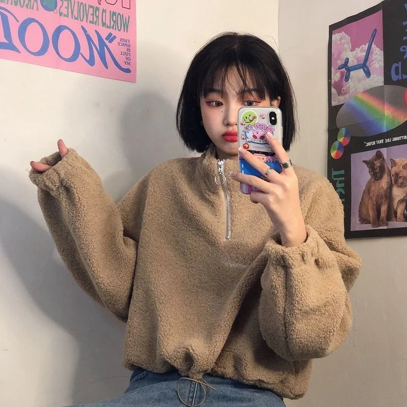 Lamb Velvet Fleece Lined Thickened Short Half High Collar Sweatshirt Women's Loose Korean Style Autumn Winter Zipper Top Tren...