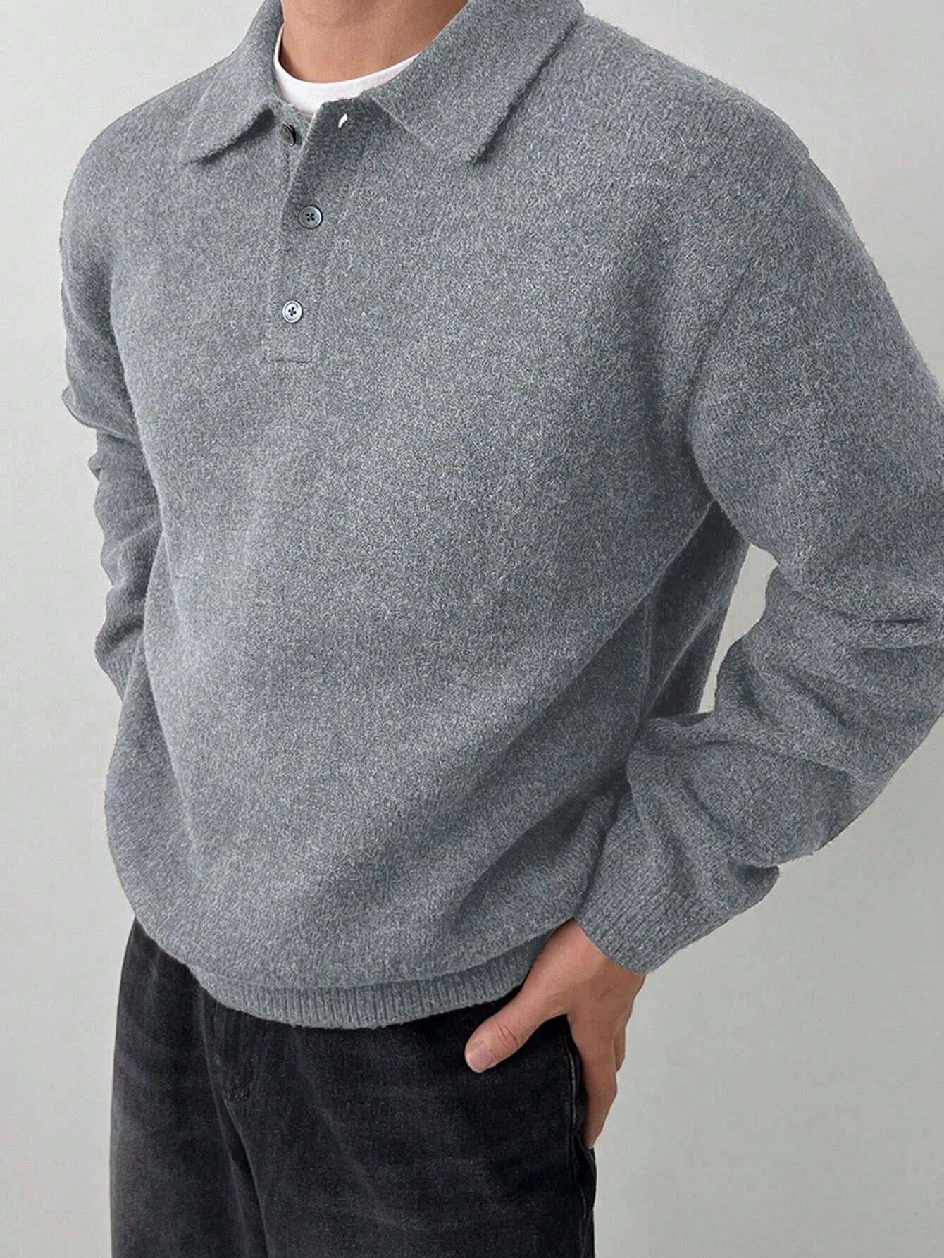 LVLAEA Old Money Style Men's Pullover, Solid Color Long Sleeve Lapel Button-Up, Fall Winter Loose Warm Casual Loungewear