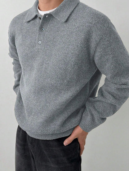 LVLAEA Old Money Style Men's Pullover, Solid Color Long Sleeve Lapel Button-Up, Fall Winter Loose Warm Casual Loungewear