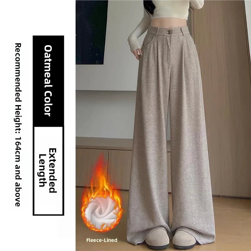 Korean Style High Waist Loose Fit Fleece Lined Wide Leg Pants Women's Autumn Winter New Arrival Straight Cut Trousers