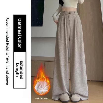 Korean Style High Waist Loose Fit Fleece Lined Wide Leg Pants Women's Autumn Winter New Arrival Straight Cut Trousers