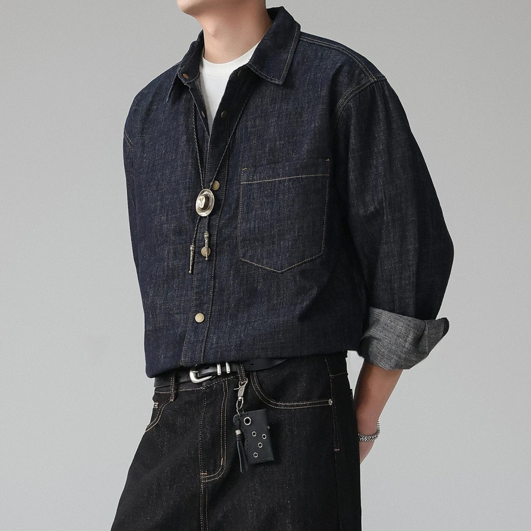Mens Raw Denim Shirt American High Street Plus Size Oversized Long Sleeve Button Down Spring Autumn Trendy Casual Blue Tops