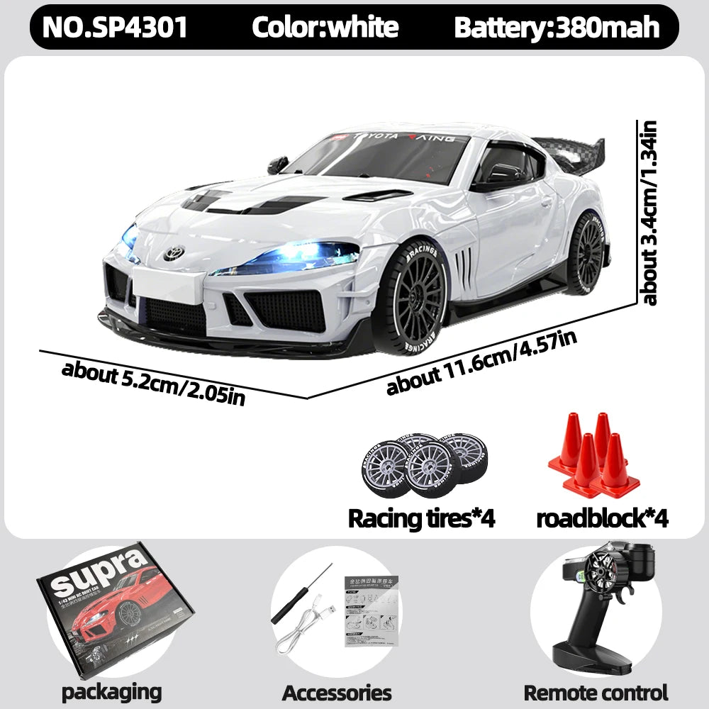 JXC 1:43 Mini 4WD RC Drift Car Supra SP4301 2.4GHz Remote Control with Gyroscope Adjustable Speed Cool LED Light Toy Gift