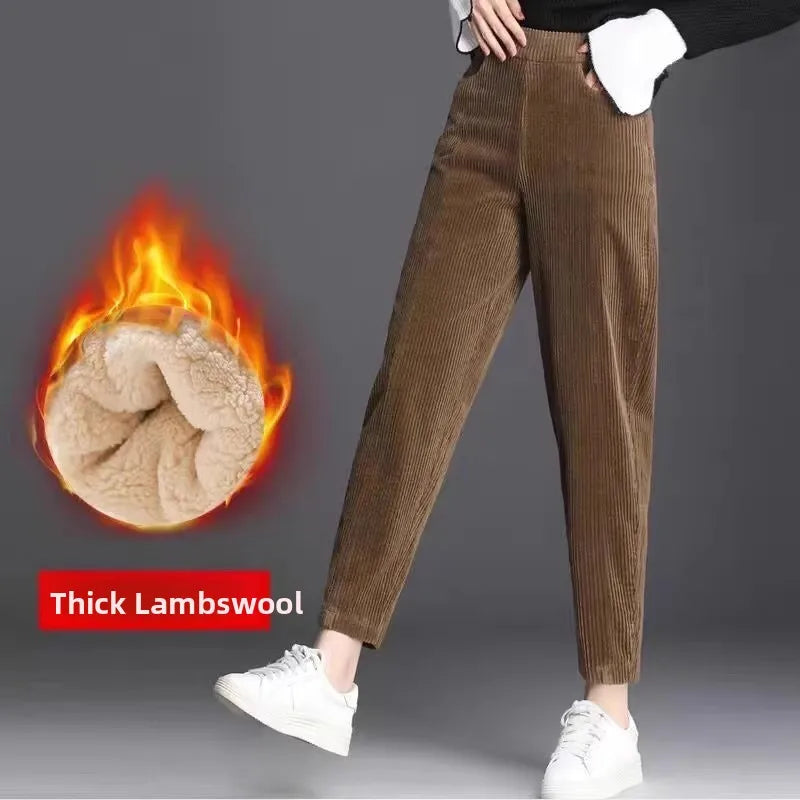 Thickened Fleece Corduroy Pants High Waist Harlan Style Winter 2024 New Women's Casual Trousers Elastic Waist Pocket Detail