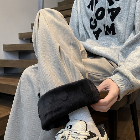 Loose Straight Men’s Cargo Pants Grey Green Wrinkle Effect Corduroy Winter Sporty Joggers Casual High Street Look Outdoor Wear