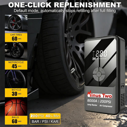 Latest Model High-Capacity Car Emergency Jump Starter with Built-in Tire Inflator, Portable Wireless Electric Air Pump