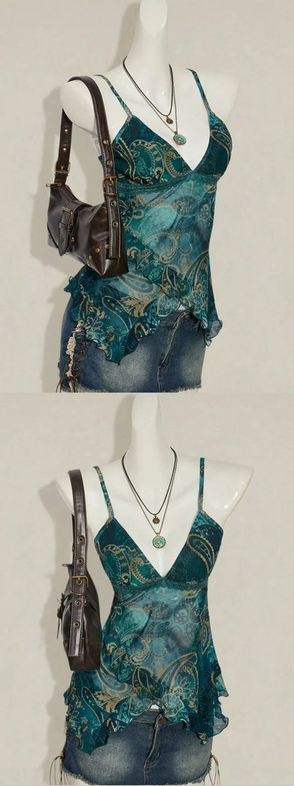 Fashionable Sexy Strap Vest Women's Slimming Print Mesh Top Versatile Stylish New Arrival Summer Season Other Material 100%