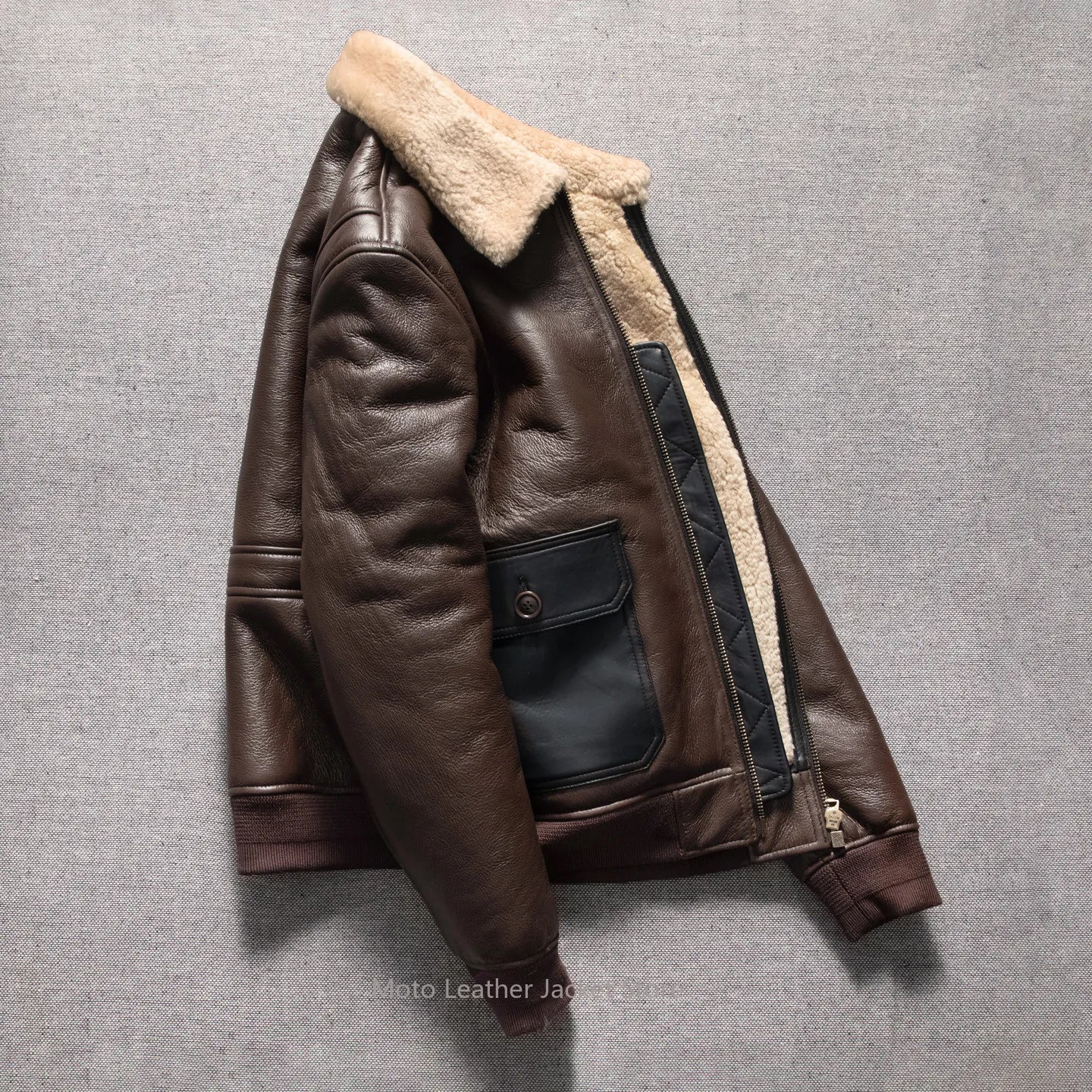 Vintage Wool Winter Thick Genuine Shearling Lamb Fur Men Warm Biker Genuine Leather Jacket Coat