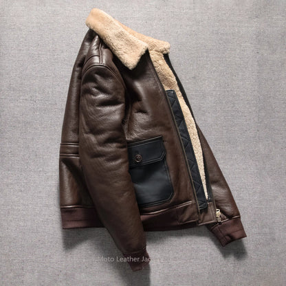 Vintage Wool Winter Thick Genuine Shearling Lamb Fur Men Warm Biker Genuine Leather Jacket Coat