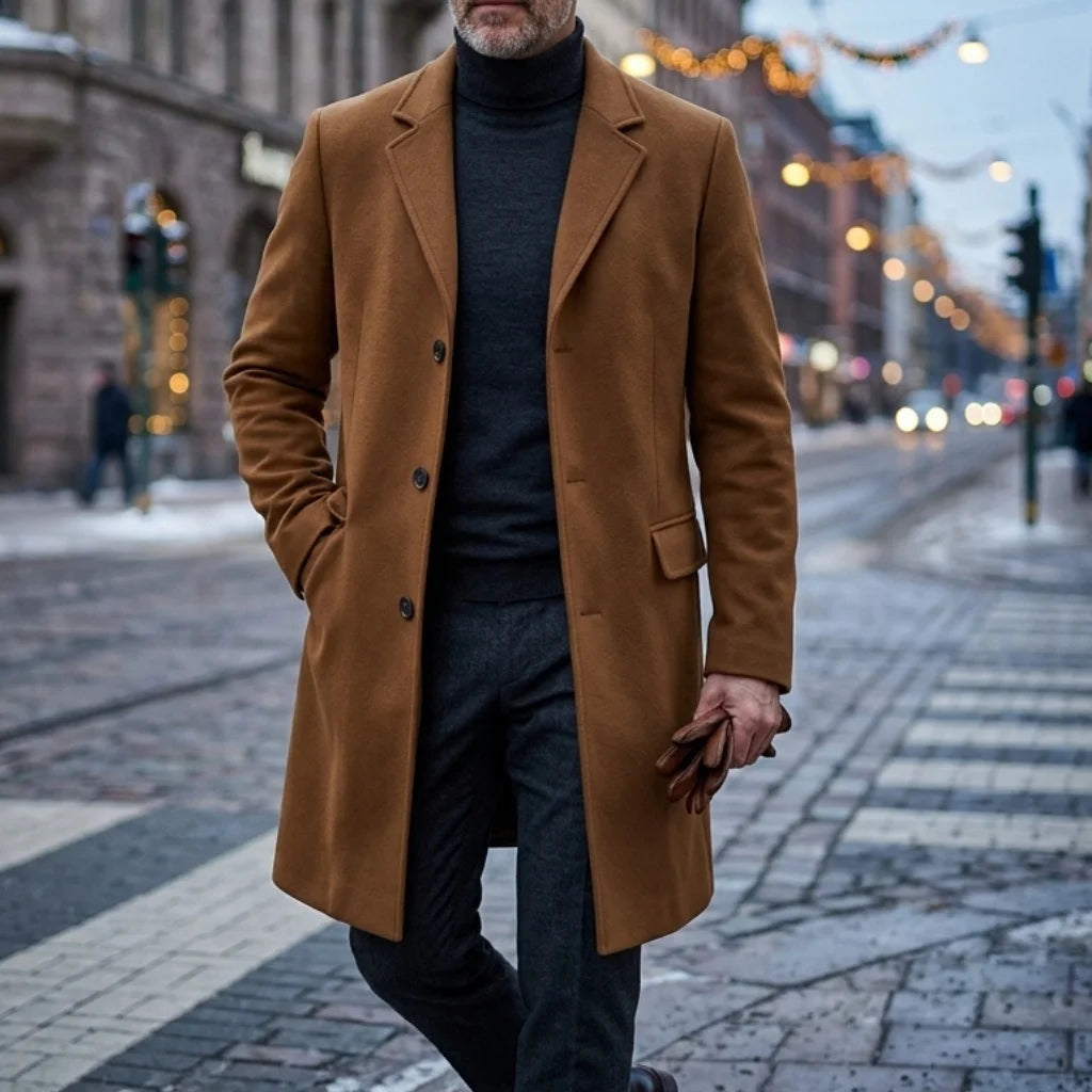 Winter Men's Wool Blend Trench Classic Single-Breasted Business Casual Outerwear Street Overknee Coat Windproof Lined Office