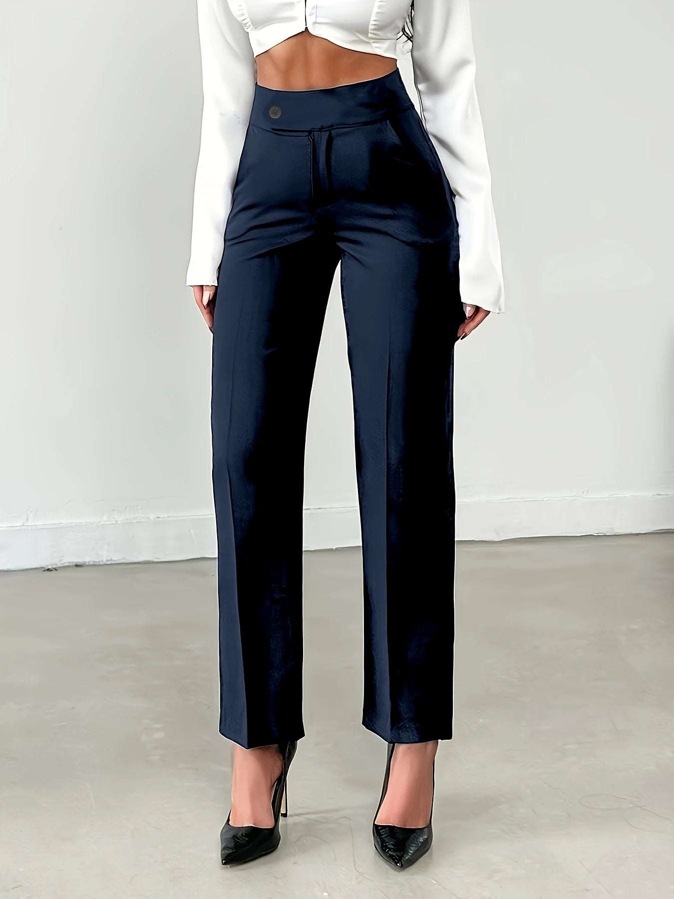 Women's Brown High Waist Straight Suit Pants | Euro Style Draped Flattering Office Work Cropped Trousers, Versatile