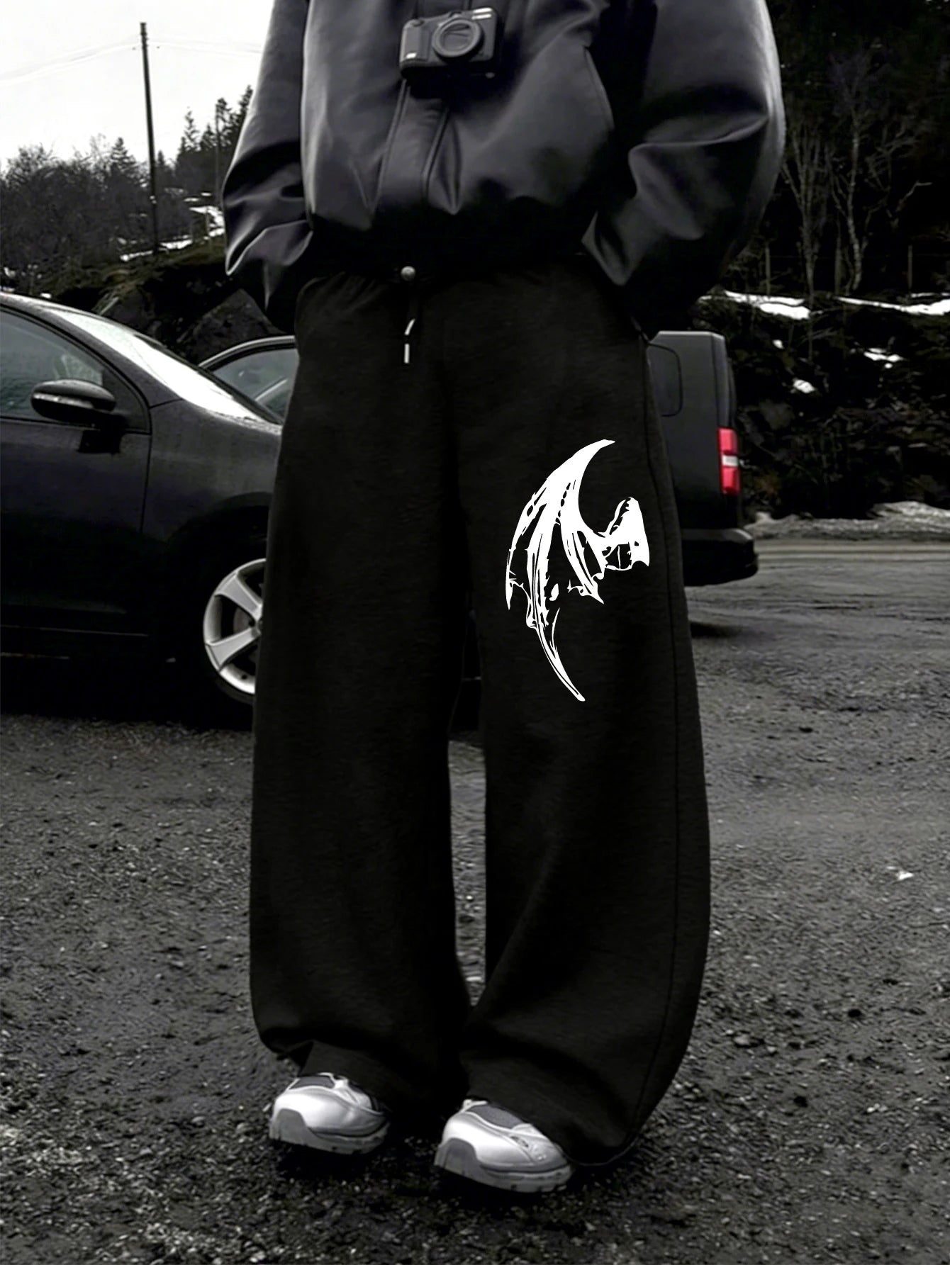 Mens Dark Gothic Spider Bat Wing Print Baggy Wide Leg Sweat Pants Loose Straight Drawstring Hip Hop Street Joggers