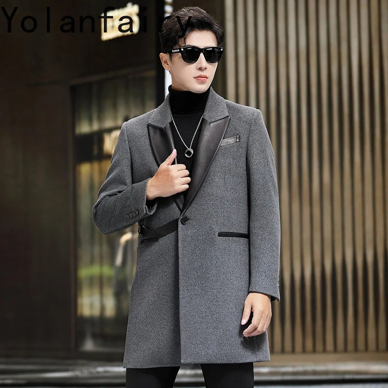 YOLANFAIRY Brand High Quality Sheepskin Spliced Wool Coat Man Jacket Autumn Winter Men's Mid-length Suit Collar Trench Coats