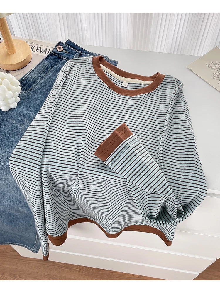 Spring New Style Color Block Long Sleeve round Neck Base Shirt Women's Retro Striped T-Shirt Asymmetrical Hemline Casual Cotton
